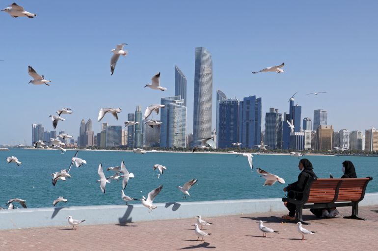 photo taken on January 24, 2022 shows seagulls flying across Abu Dhabi's seaside