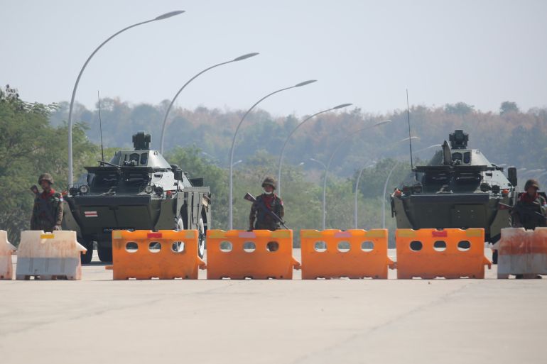 Myanmar's military checkpoint is seen on the way to the congress compound in Naypyitaw, Myanmar, February 1, 2021. Picture taken February 1, 2021.