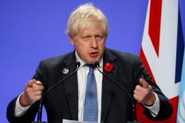 Britain's Prime Minister Boris Johnson holds a news conference during the UN Climate Change Conference (COP26) in Glasgow