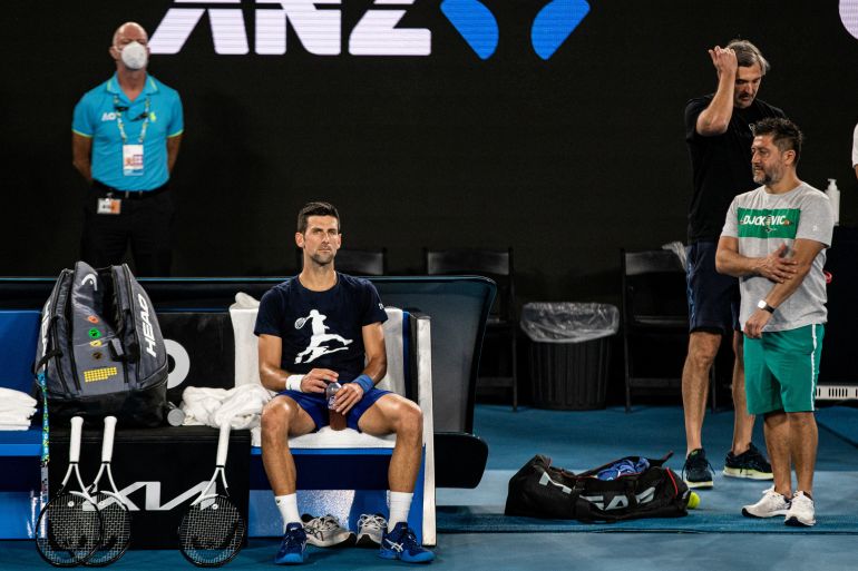 Tennis player Novak Djokovic rests during a training session at Melbourne Park on Friday.