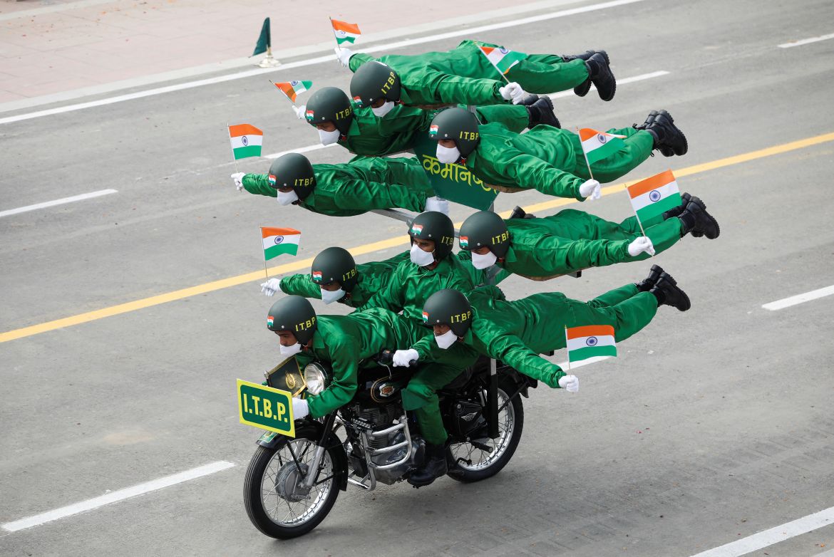 India’s Indo-Tibetan Border Police (ITBP) "Daredevils" motorcycle riders perform during the Republic Day parade in New Delhi