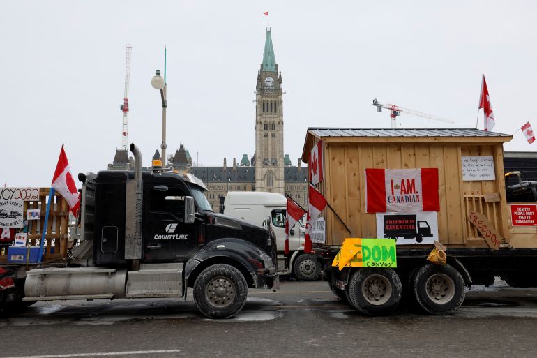 Vehicles are parked outside Parliament Hill in Ottawa as part of the so-called 'Freedom Convoy'