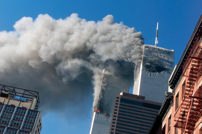 Smoke billows from the twin towers of the World Trade Center in New York on September 11 2001