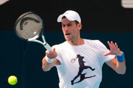 Djokovic practices in the Rod Laver Arena ahead of the Australian Open at Melbourne Park