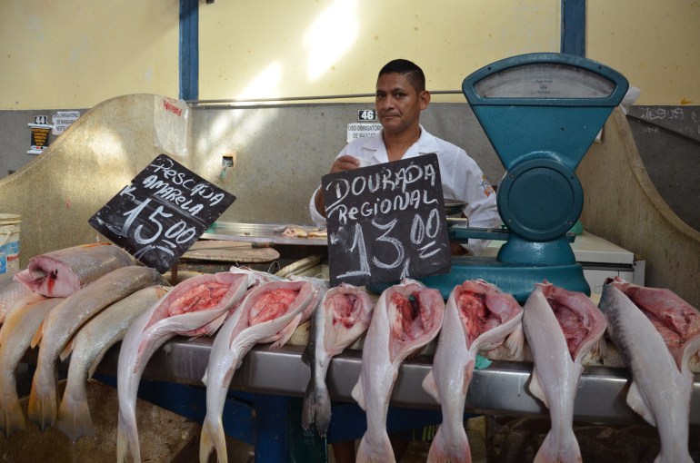 A fishmonger in Belém sells fish with their swim bladders on display