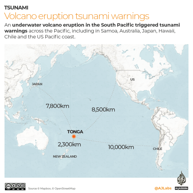 Map of Tonga tsunami warnings