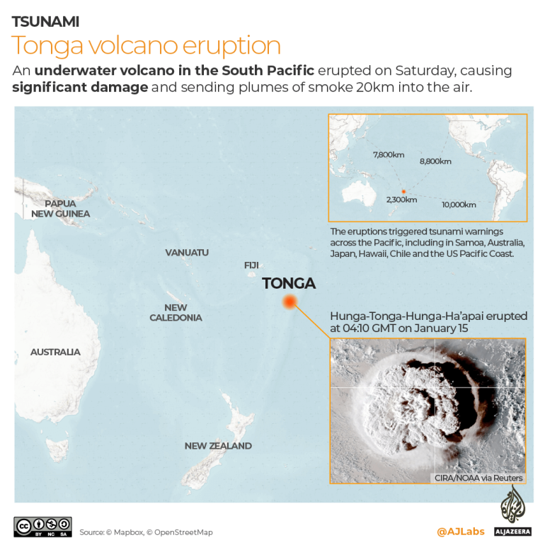 Map showing the location of the underwater volcano eruption in the South Pacific
