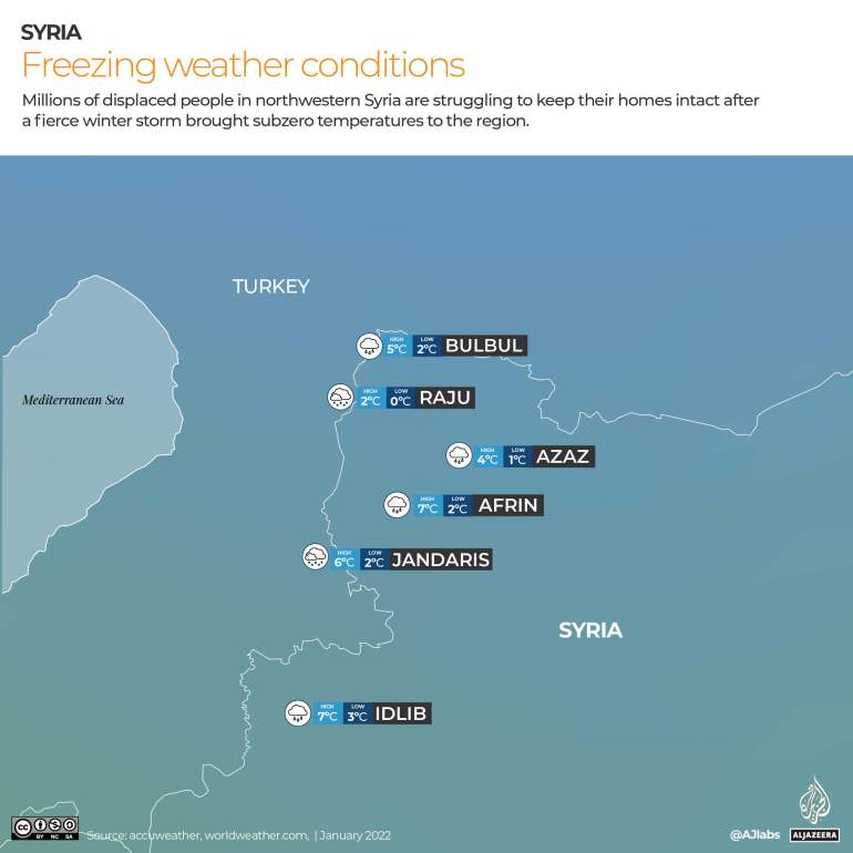 A map of northwest Syria's frigid temperatures