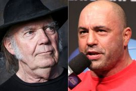 This combination photo shows Neil Young and UFC announcer and podcaster Joe Rogan