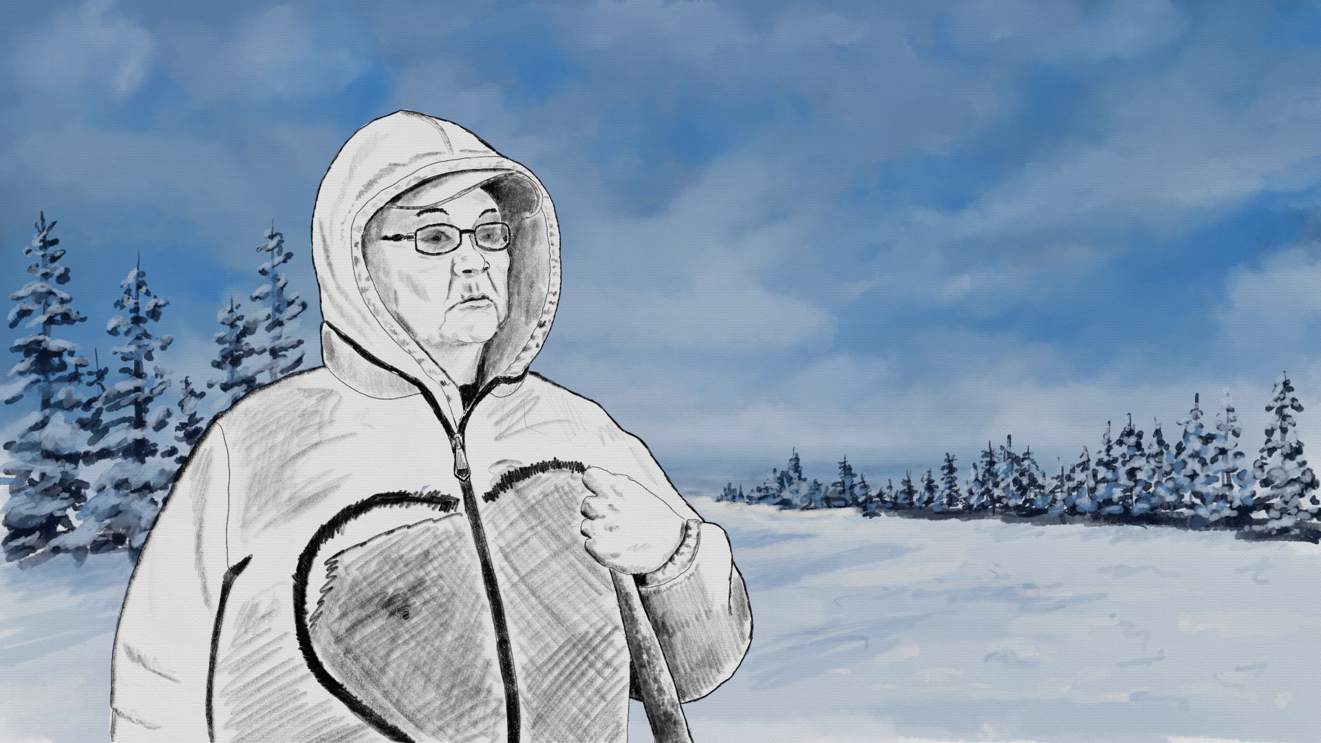 An illustration shows Wet'suwet'en elder and matriarch Auntie Janet. Snow covers the ground and the fir trees behind her.