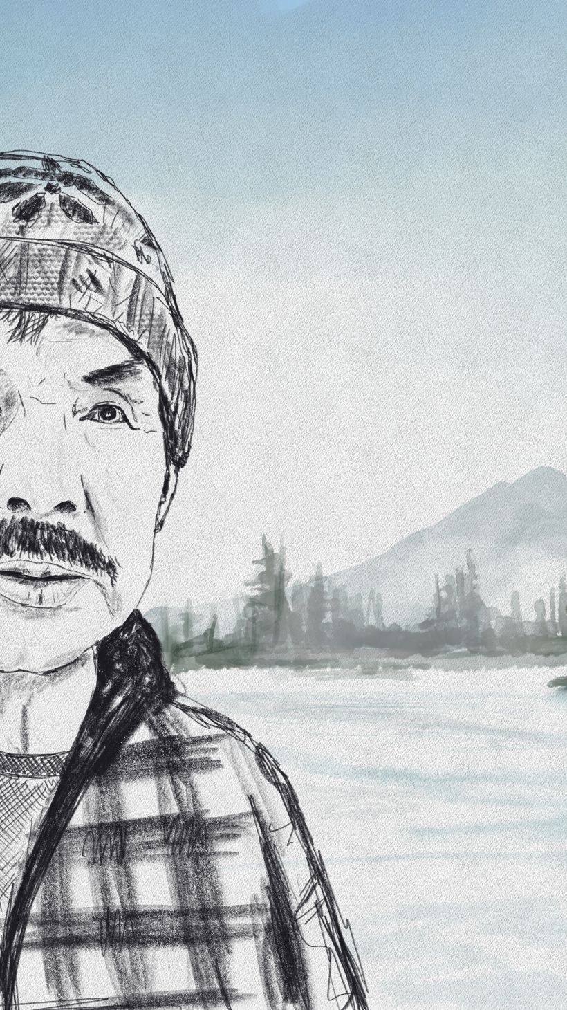 An illustration shows Chief Gisday'wa. Snow covers the large open space behind him and there are fir trees and mountains in the distance.