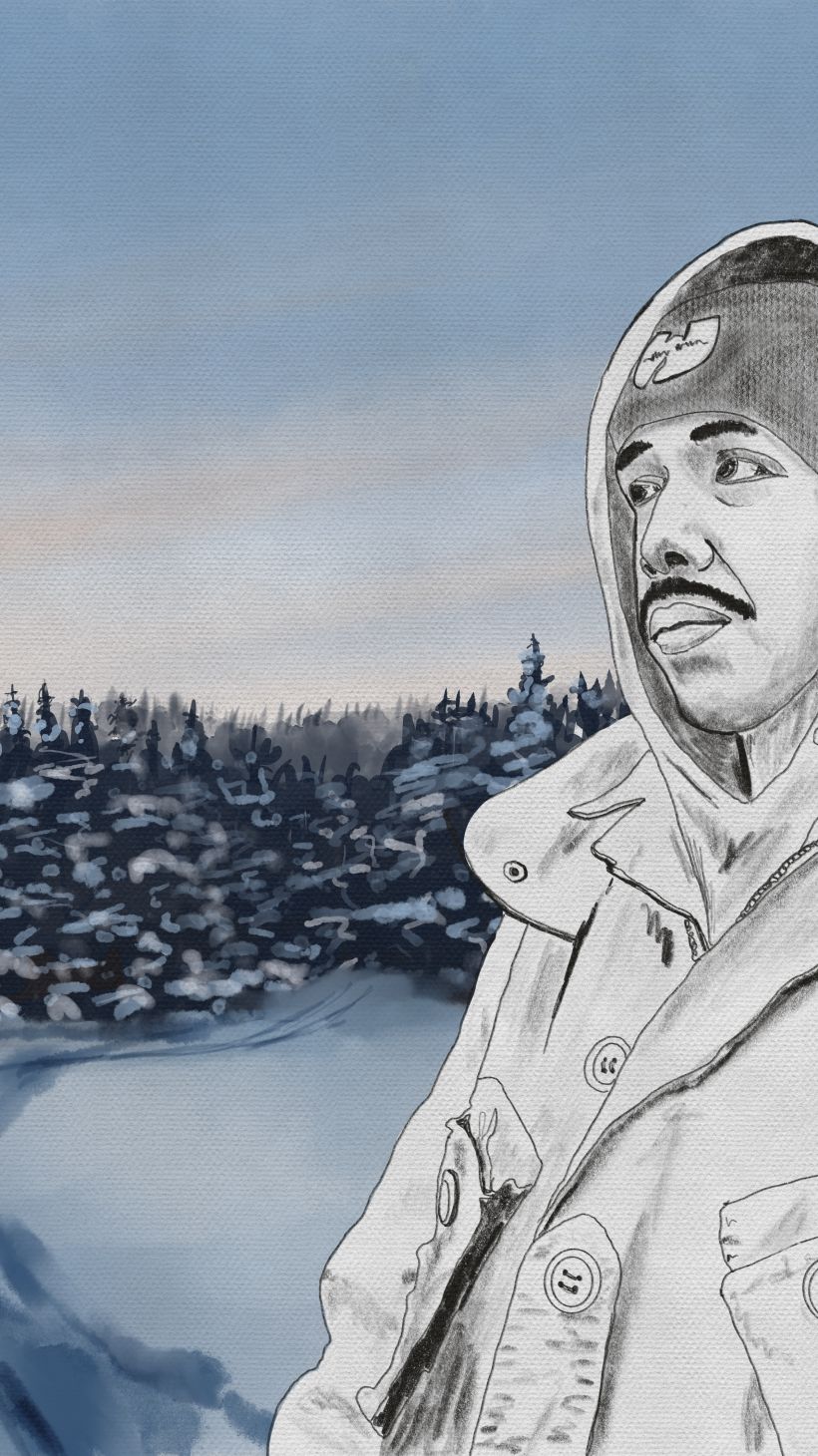 An illustration shows land defender Kolin Sutherland-Wilson surrounded by snow-covered fur trees. Two tracks run through the snow on the ground toward the trees.