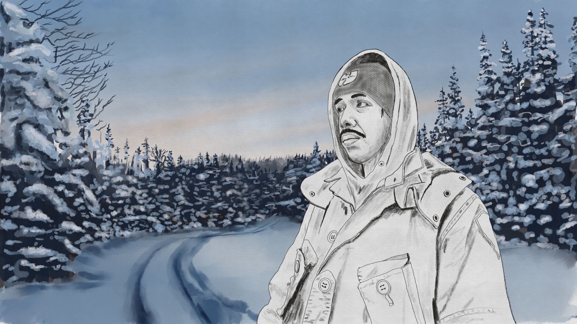 An illustration shows land defender Kolin Sutherland-Wilson surrounded by snow-covered fur trees. Two tracks run through the snow on the ground toward the trees.