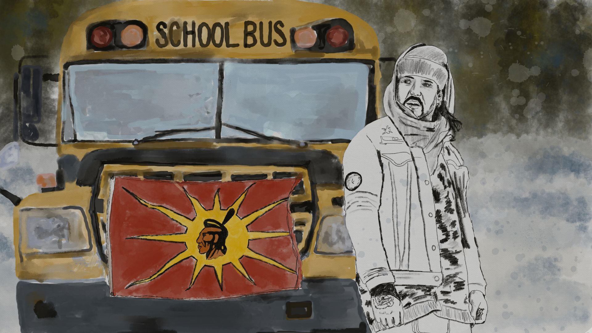 An illustration shows land defender Logan Staats standing in front of an old yellow school bus with a warrior or unity flag attached to the front of it. The red flag depicts an Indigenous man with a single feather in his hair over a yellow sunburst.