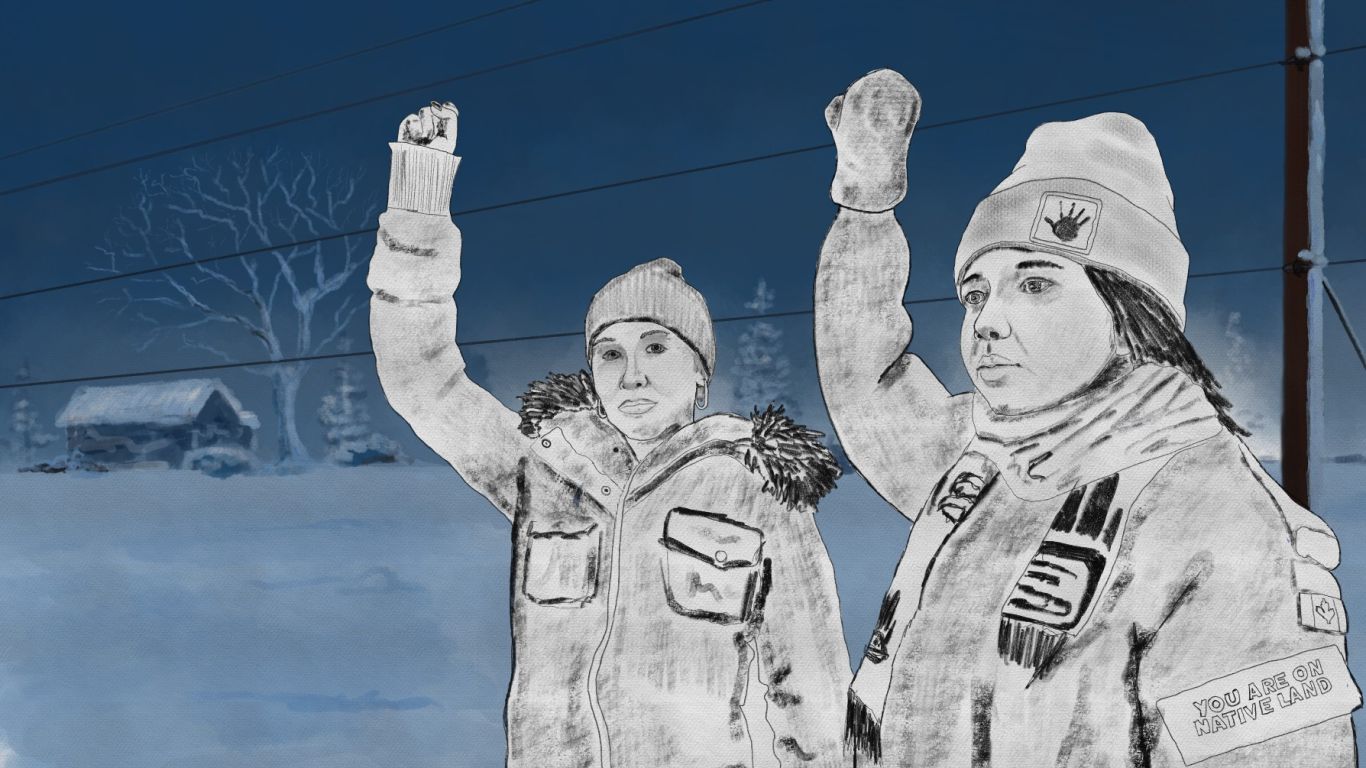 An illustration shows two young land defenders, Megan and Madeline, raising their clenched fists in the air. They are both wearing hats and warm coats, one of which has the message 'You are on Native land' on a patch on the sleeve. Thick snow covers the ground and a small building and trees can be seen in the distance.