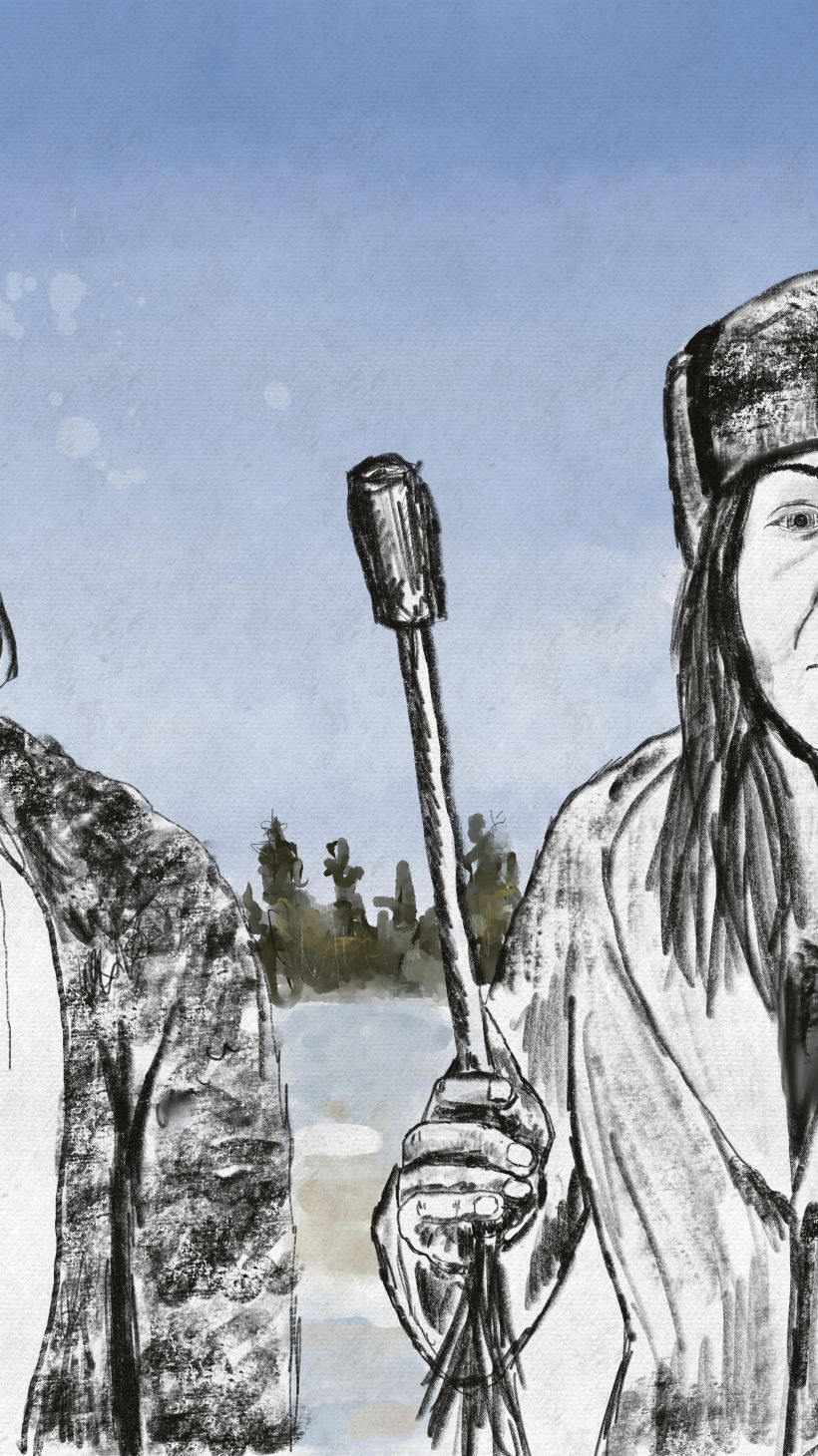 An illustration shows land defenders Sabina Dennis and her sister. Sabina is holding a frame drum. There are fir trees in the background and snow on the ground.