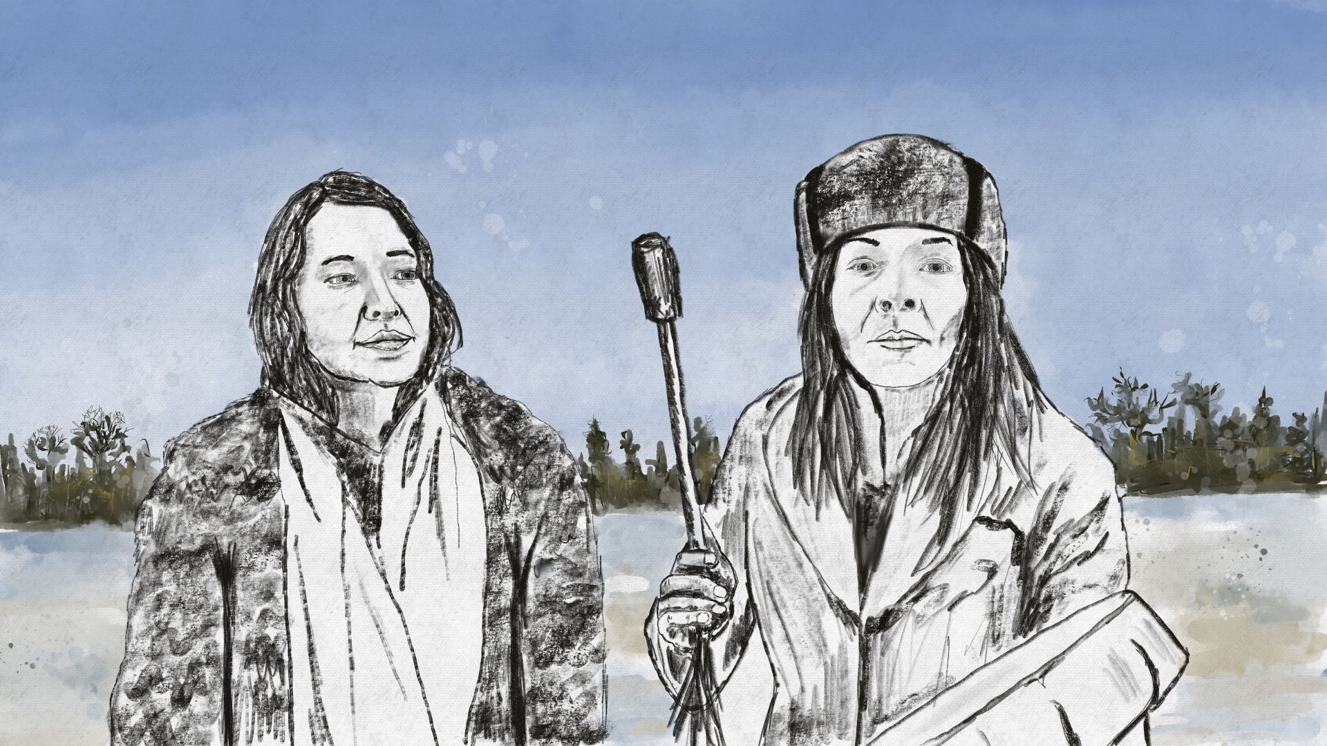 An illustration shows land defenders Sabina Dennis and her sister. Sabina is holding a frame drum. There are fir trees in the background and snow on the ground.