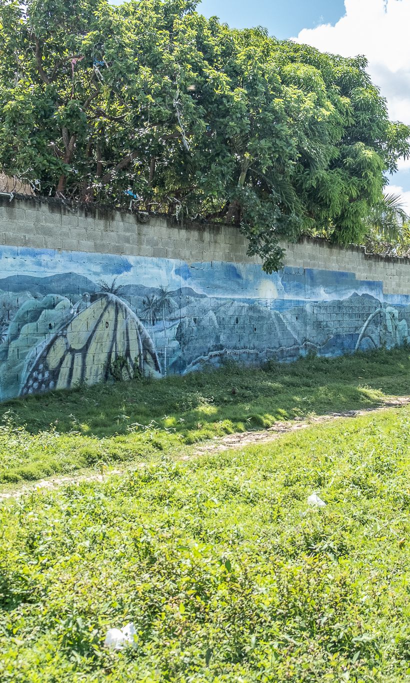 A wall of a park in Bajos de Haina with murals depicting activists and children from the neighbourhood of Paraiso de Dios