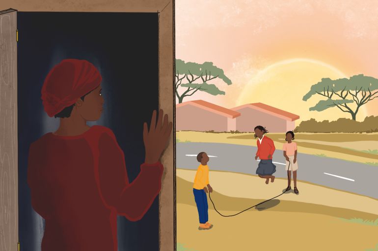 An illustration of a woman outside a door looking outside at three children playing jump rope, a boy on one side of the rope and a girl in the other with a girl jumping in between with two houses and two trees on the other side of the street in the background.