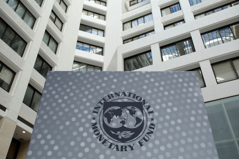 The International Monetary Fund logo is seen at its headquarters in Washington, DC, US