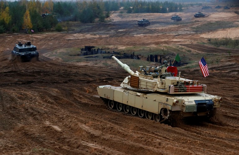 A US Abrams tank takes part in military exercises in Adazi, Latvia