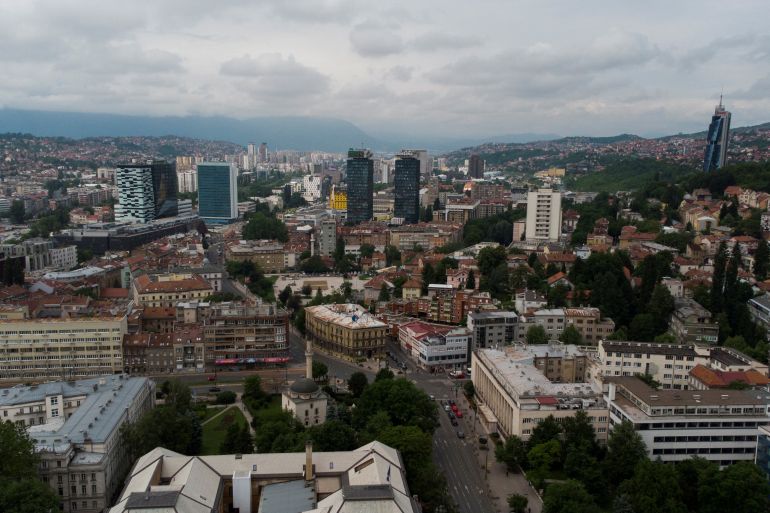An aerial view is seen of Sarajevo, Bosnia &amp; Herzegovina