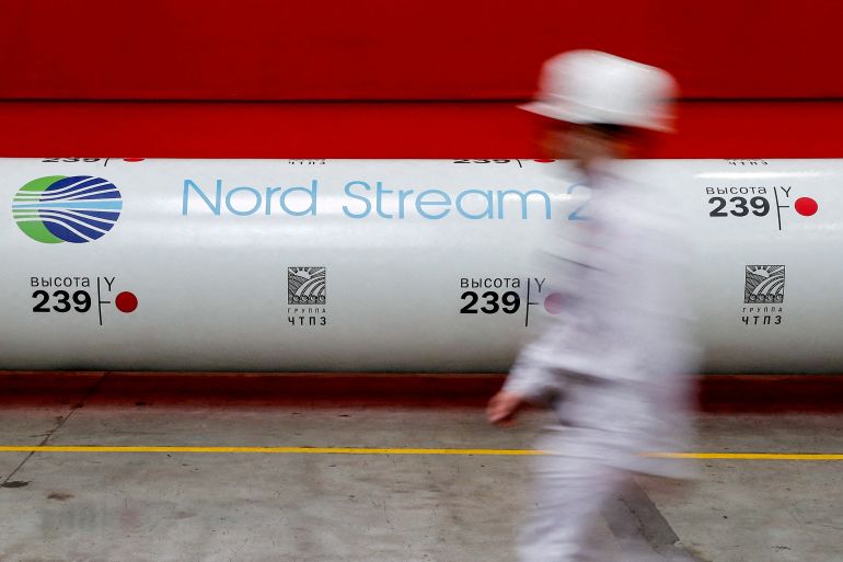 he logo of the Nord Stream 2 gas pipeline project is seen on a pipe at the Chelyabinsk pipe rolling plant in Chelyabinsk, Russia.
