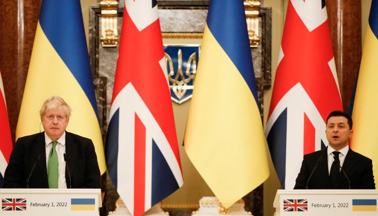 Ukrainian President Volodymyr Zelenskiyy speaks at a joint conference with British Prime Minister Boris Johnson 