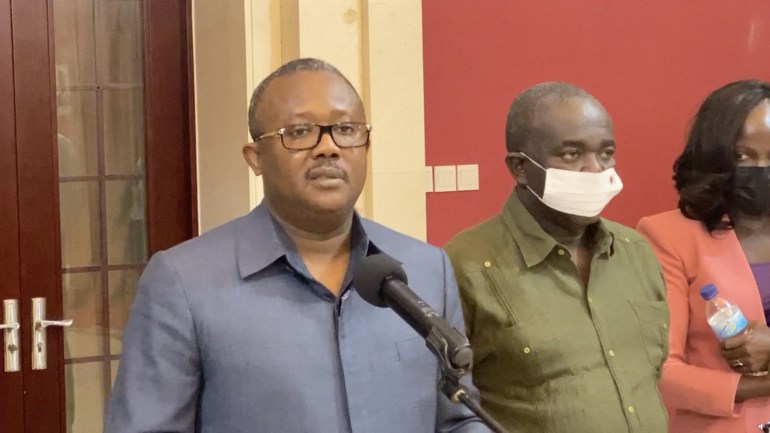 Guinea-Bissau's President Umaro Sissoco Embalo speaks to the media in Bissau, Guinea-Bissau, February 1, 2022, in this still image obtained from social media