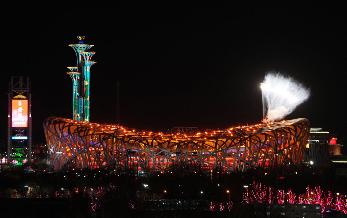 Fireworks explode over the National Stadium, also known as the Bird's Nest, during the Beijing