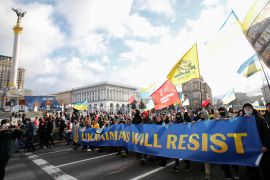 People take part in the Unity March, which is a procession to demonstrate Ukrainians' patriotic spirit amid growing tensions with Russia,