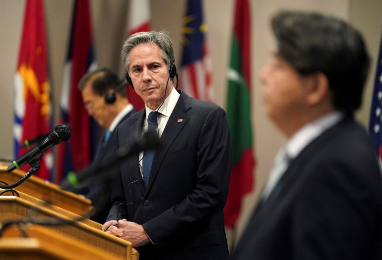 US Secretary of State Antony Blinken looks towards Japanese Foreign Minister Yoshimasa Hayashi during a joint press availability along with South Korean Foreign Minister Chung Eui-yong