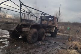 A military truck, which according to Ukraine's officials was destroyed by shelling