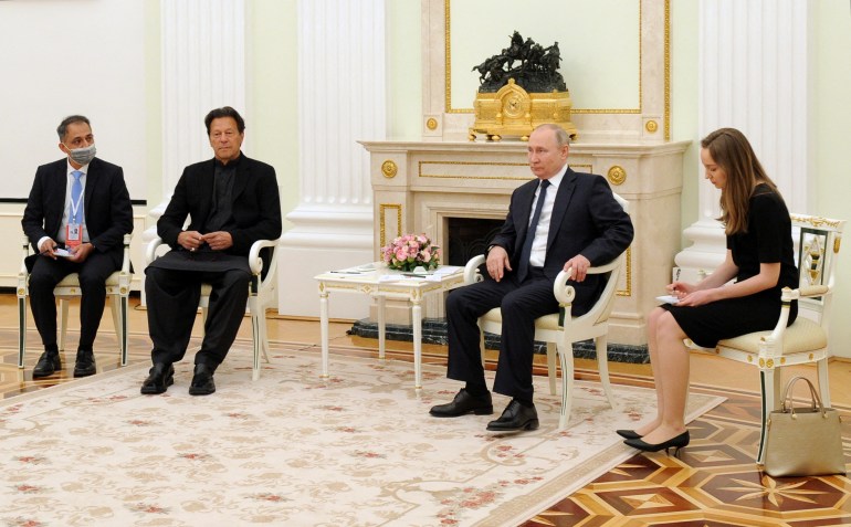 Russian President Vladimir Putin attends a meeting with Pakistan's Prime Minister Imran Khan in Moscow, Russia