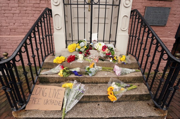 Flowers outside Ukrainian embassy in US