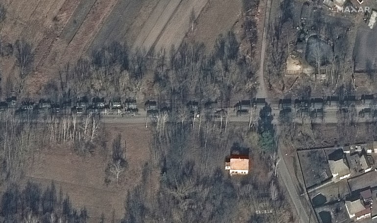 A satellite image shows Russian ground forces northeast of Ivankiv heading in the direction of Kyiv, Ukraine, February 27, 2022.