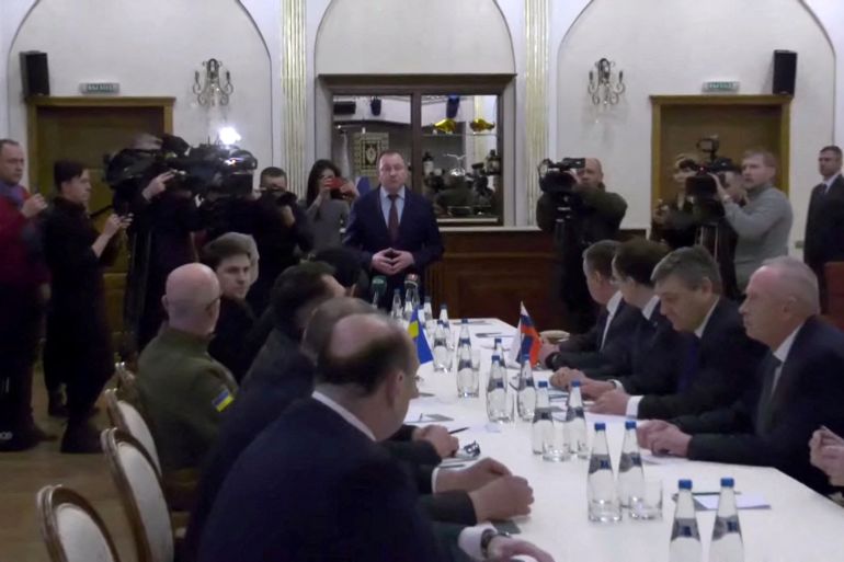 Belarusian Foreign Minister Vladimir Makei makes a statement as Ukrainian Defence Minister Oleksii Reznikov and delegates prepare for talks with Vladimir Medinsky