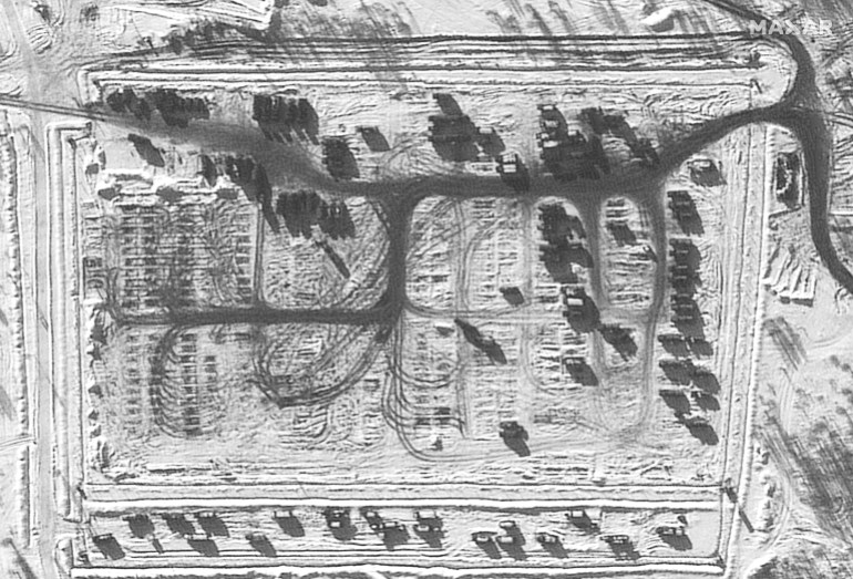 Satellite image shows shows a battle group departed from a vehicle park in Russia.