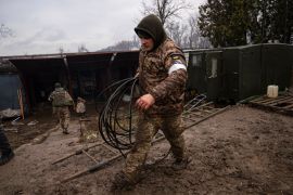 Ukrainian solders at air defence base