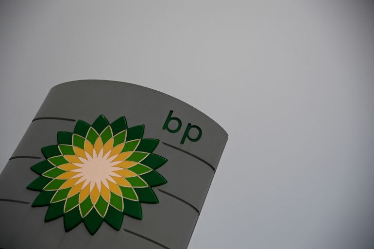 The logo for a BP petrol station is seen in London, Britain