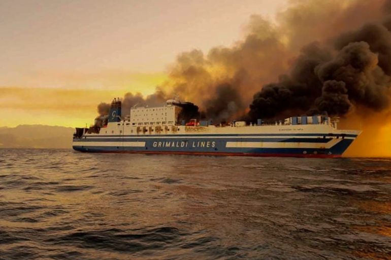 A ferry is on fire at the Ionian Sea near the island of Corfu, Greece,
