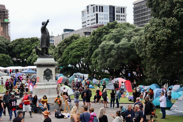Groups of protesters gathered around a statue near the New Zealand parliament in Wellington with tents pitched on the grass