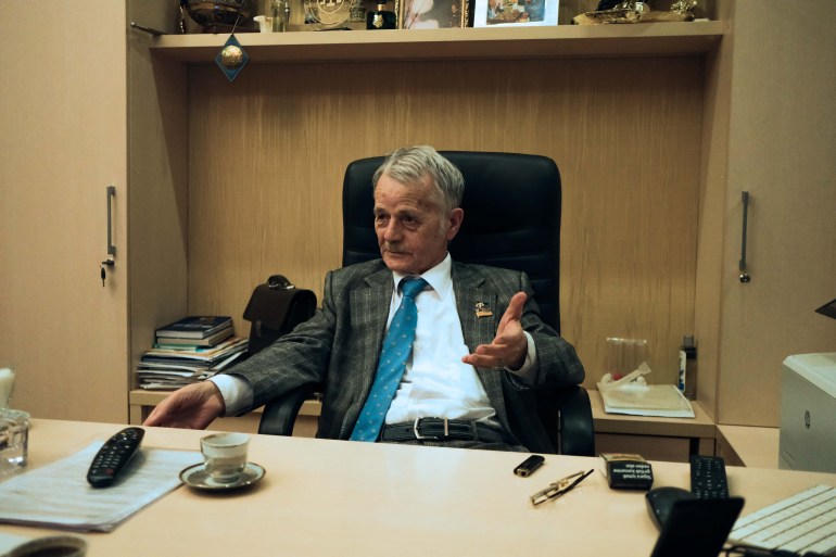 Crimean Tatar leader Mustafa Dzhemilev in his office in Kyiv, Ukraine