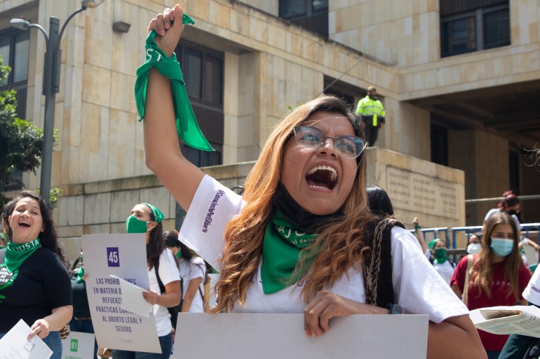 Pro-abortion protesters cheer in front of Colombia’s Constitutional Court building