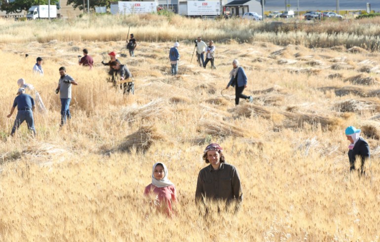 Lama Khatieb and Rabee Zureikat pose in a wheat field