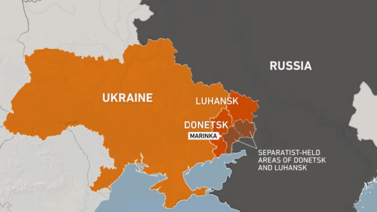 Map of Ukraine, showing Donetsk, Luhansk, and the city of Marinka