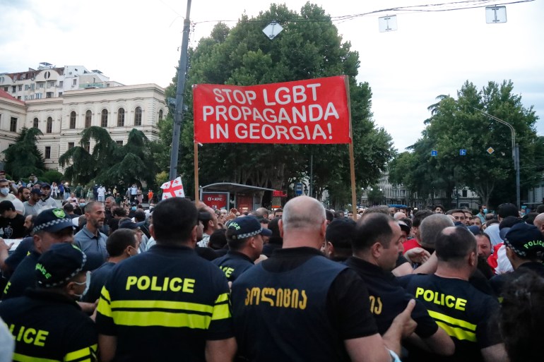 Georgian religious protesters take part in the anti-LGBT 