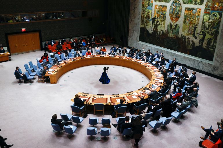 Members of the United Nations Security Council are seen during an emergency meeting on the situation between Ukraine and Russia at United Nations