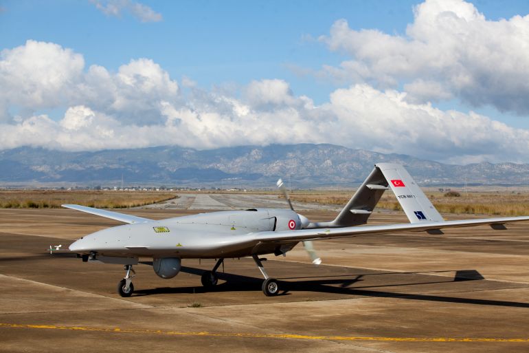 The Turkish-made Bayraktar TB2 drone at Gecitkale military airbase near Famagusta in Northern Cyprus