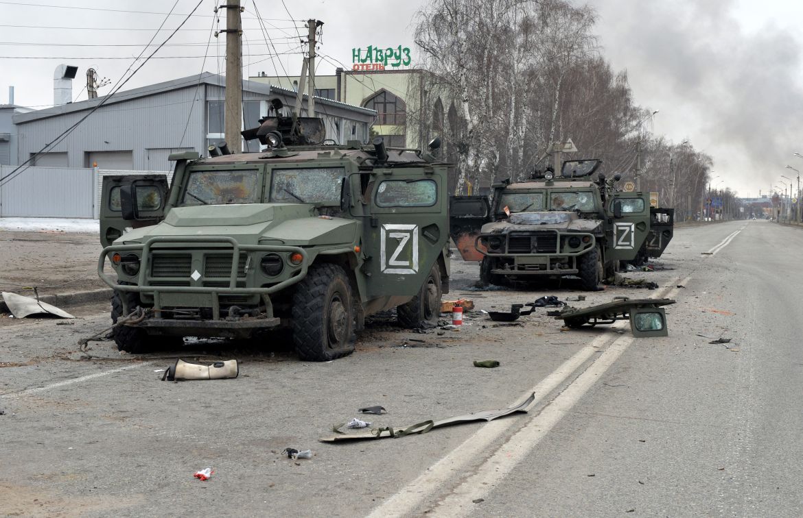 This picture shows Russian infantry mobility vehicles GAZ Tigr destroyed as a result of fight in Kharkiv,